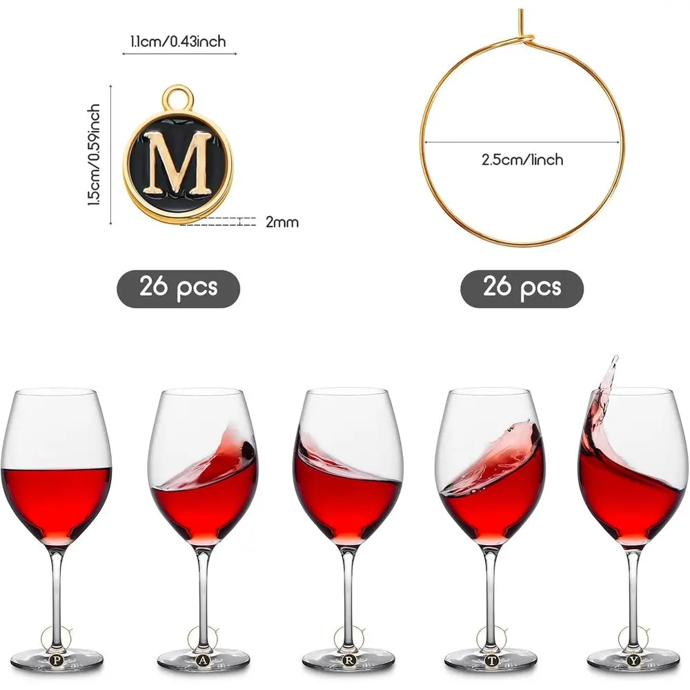 25mm Wine Charms with Metal Letters and Rings Tags - DIY Glass Charm Markers for Cocktail and Champagne Parties