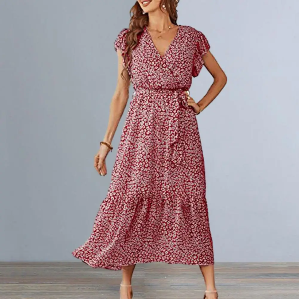 

A-line Floral Print Dress Floral Print Bohemia Dress Women's V-neck Petal Short Sleeve Midi Dress with Lace-up Waist for Summer