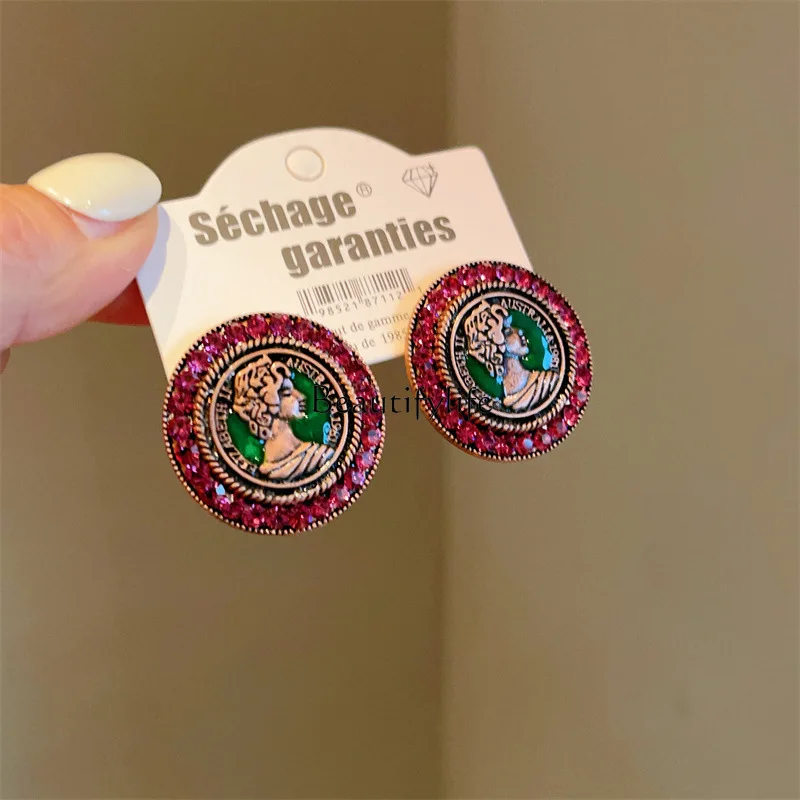 925 Silver Needle Vintage Rose Red Zircon Eye-Catching Large Studs Embossed Personalized Earrings