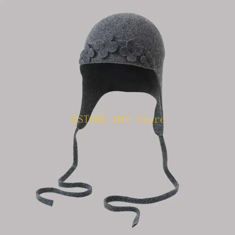 49MF Comfortable Wool Hat Flower Decoration Hat Warm Ear Covering Hat Windproof Hat