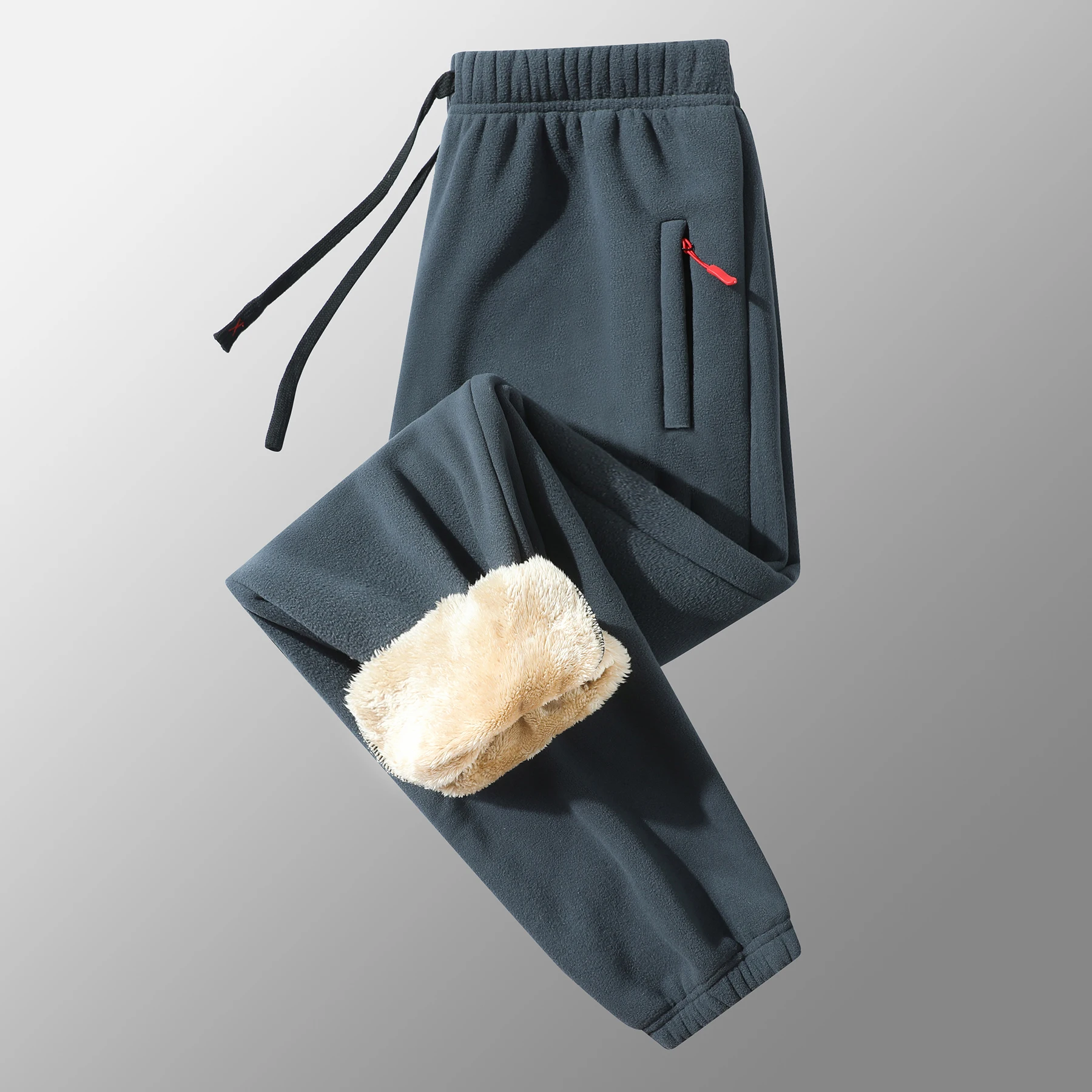 New Men's Casual Flannel Loose-Fit Drawstring Lamb Fleece Winter Solid Color Thermal Pants with Pockets and Zipper