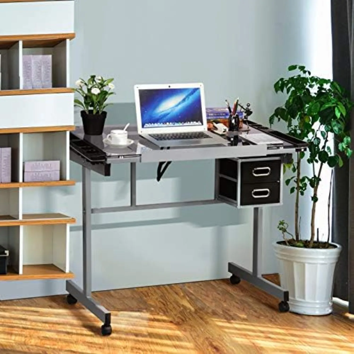 Glass Drafting Table Rolling Drawing Desk Artists Art Craft Desk w/2 Slide Drawers and Wheels for Home Office School