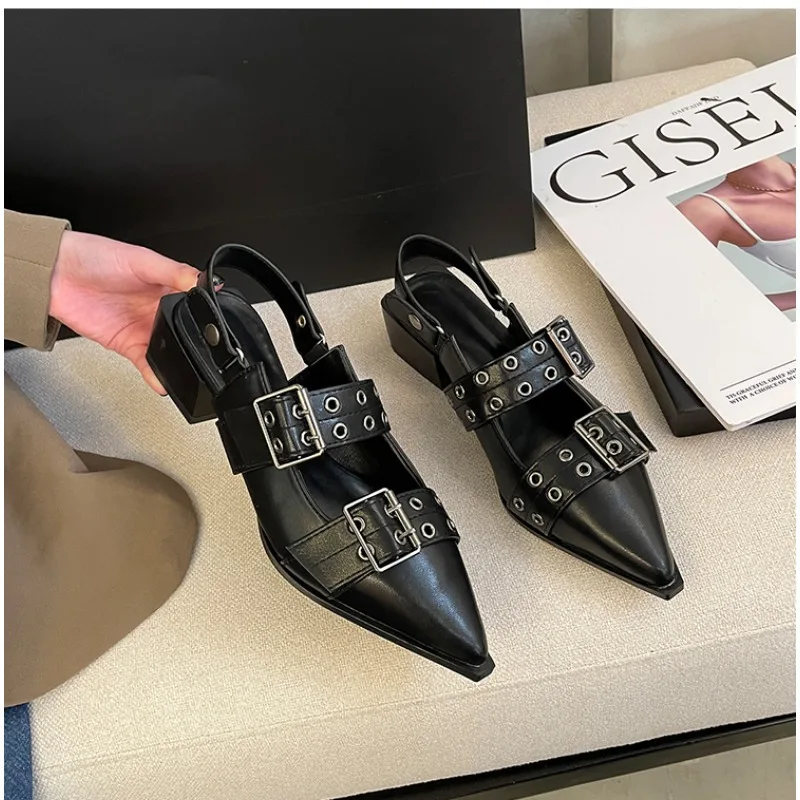 42 Big Size Summer New Korean Version of Shallow Mouth Flat Women's Shoes Belt Buckle Small Pointed Head Rivet Single  Sandals