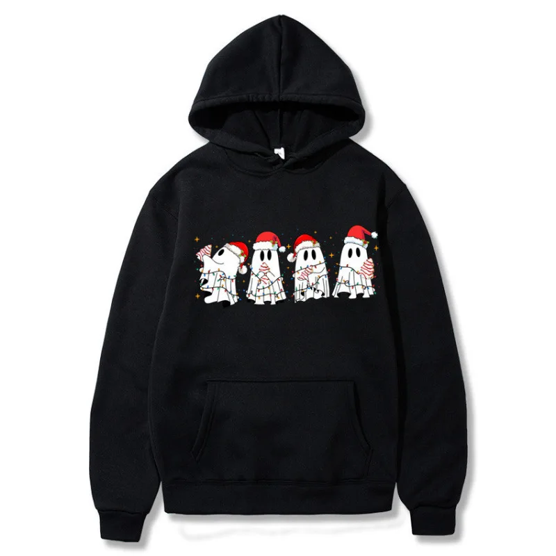 Cute Love Ghost Heart Balloons Printed Women Hoodie Spooky Halloween Graphic Sweatshirt Retro Casual Long Sleeve Winter Clothes