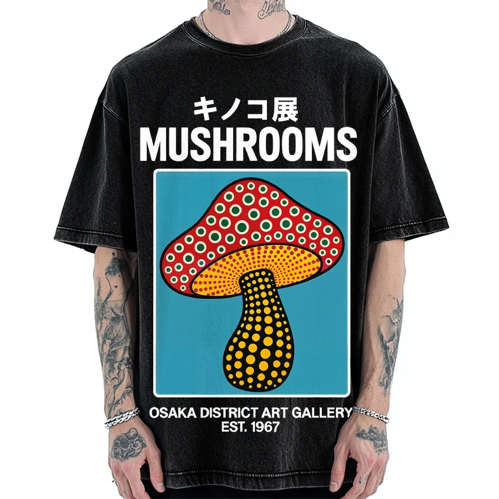 Japanese Polka Dot Art Mushrooms Vintage Washed T-shirt for Men Women Y2k Prue Cotton Goth Breathable Oversize Unseix Tee Top