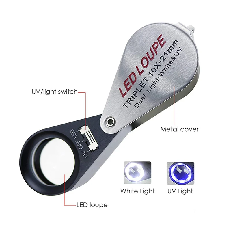 

Solid 5Pcs 10X Magnification Jeweler Loupe Triplet Lens Magnifier With 6 LED UV Light 21Mm For Gems, Jewelry, Coins, Stamps