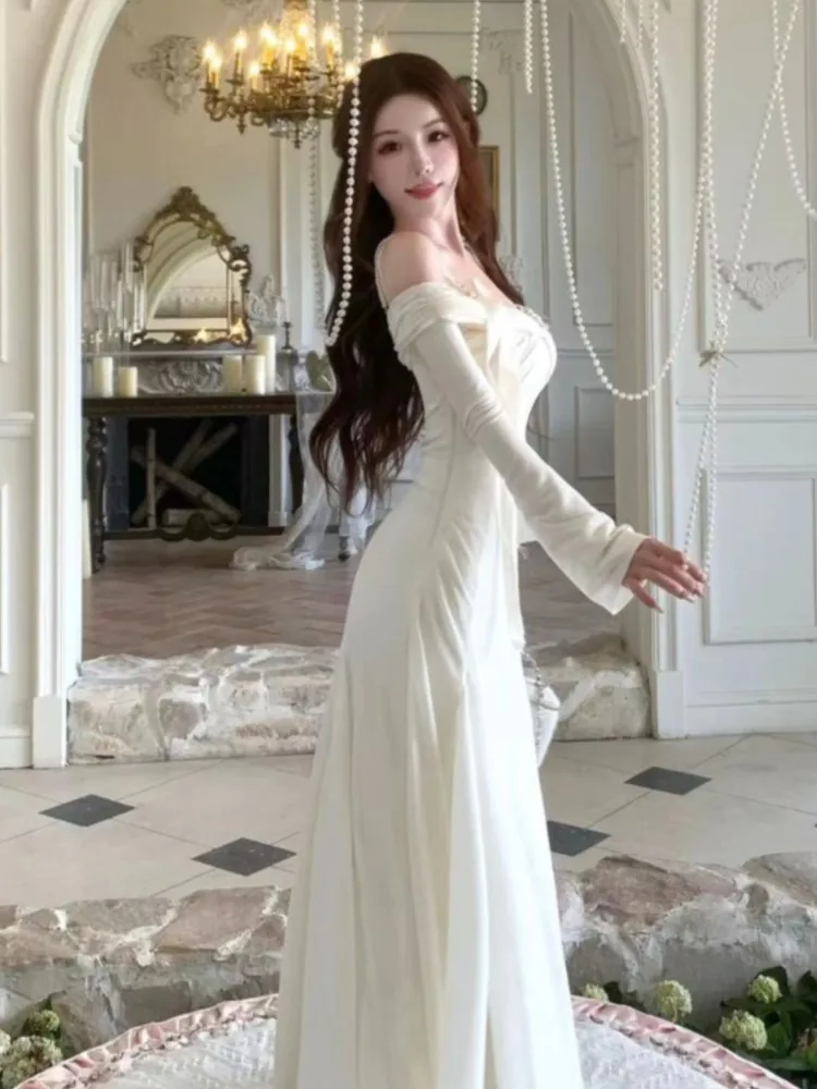 Elegant Wedding Spagetti Straps Dress for Women Long Sleeve Off Shoulder Party Prom Robe Female Autumn Slash Neck Vestidos New