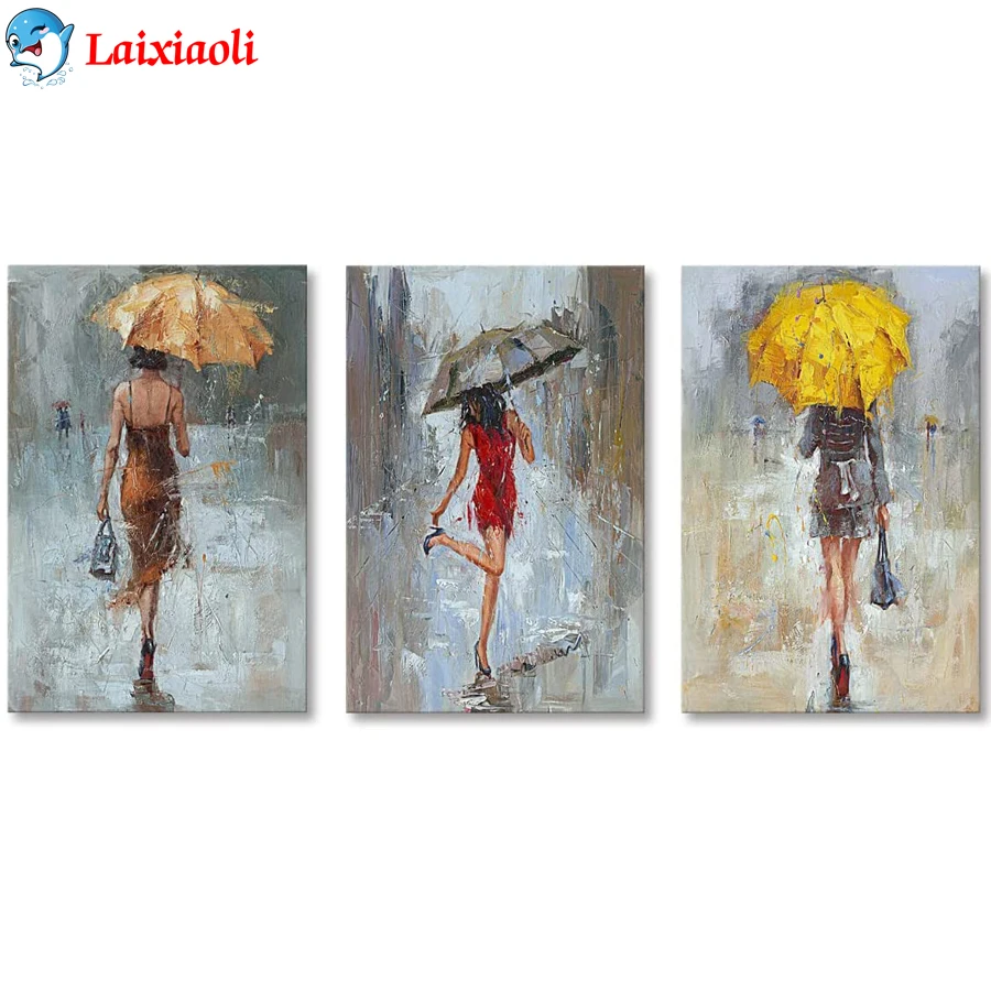 Abstract Fashion Girl diamond Painting cross stitch Romantic Paris Street with Umbrella 3pcs full diamond embroidery wall decor