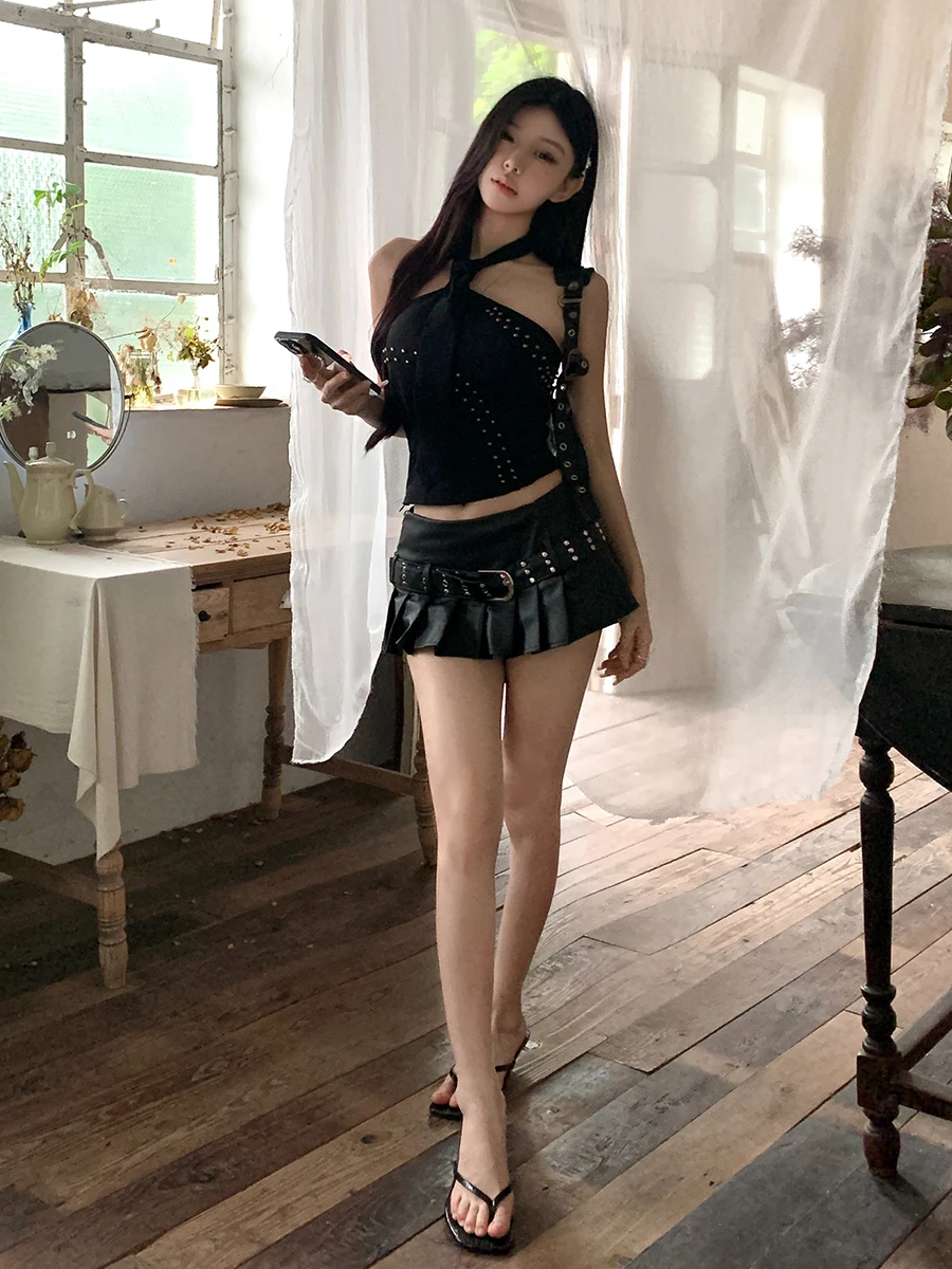 ReddaChic Punk Studded Crop Top Pleated Skirt Set Women Tie Halter Top Belted Low Rise Mini Skirt E-girl Music Festival Outfit