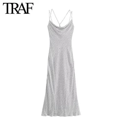 TRAF Women Fashion Summer New Dot Printed Sleeveless Backless Sling A-line Long Dress Chic Female French Elegance Evening