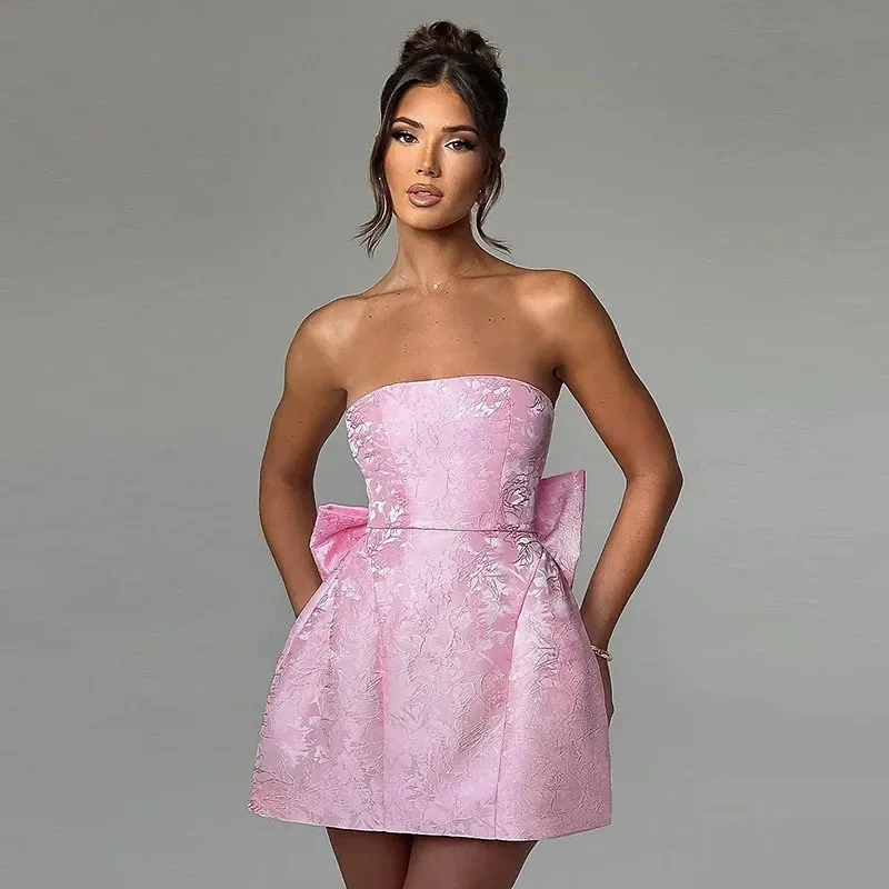 

Sexy Dresses Short Spring Summer Solid Color Jacquard Fashionable Elegant Temperament Strappy High Waist Tube Top Birthday Robe
