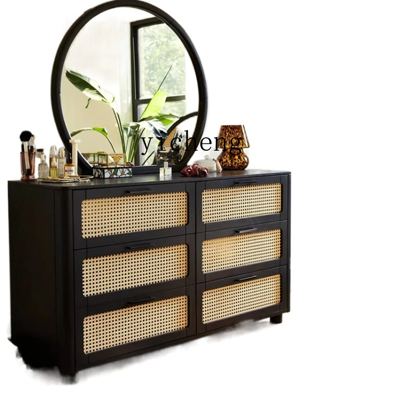 

ZC Solid Wood Chest of Six Drawers Vintage Rattan Storage Cabinet Household Hallway Drawer Locker