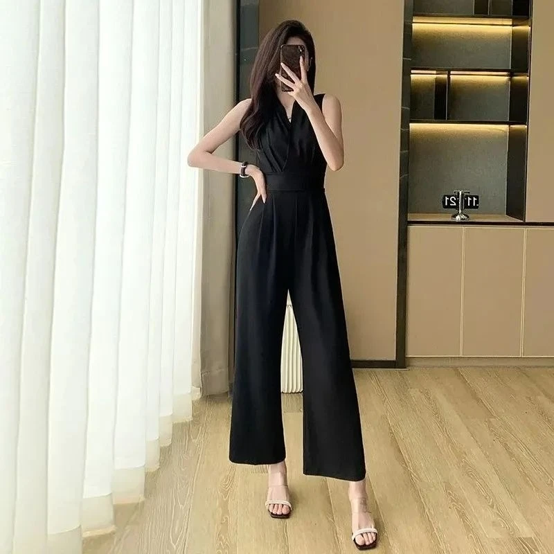 

Korean Style Women Summer Jumpsuit Sleeveless High Waist Slimming Fit Black Tailored with Tie Straps Elegant Casual Look
