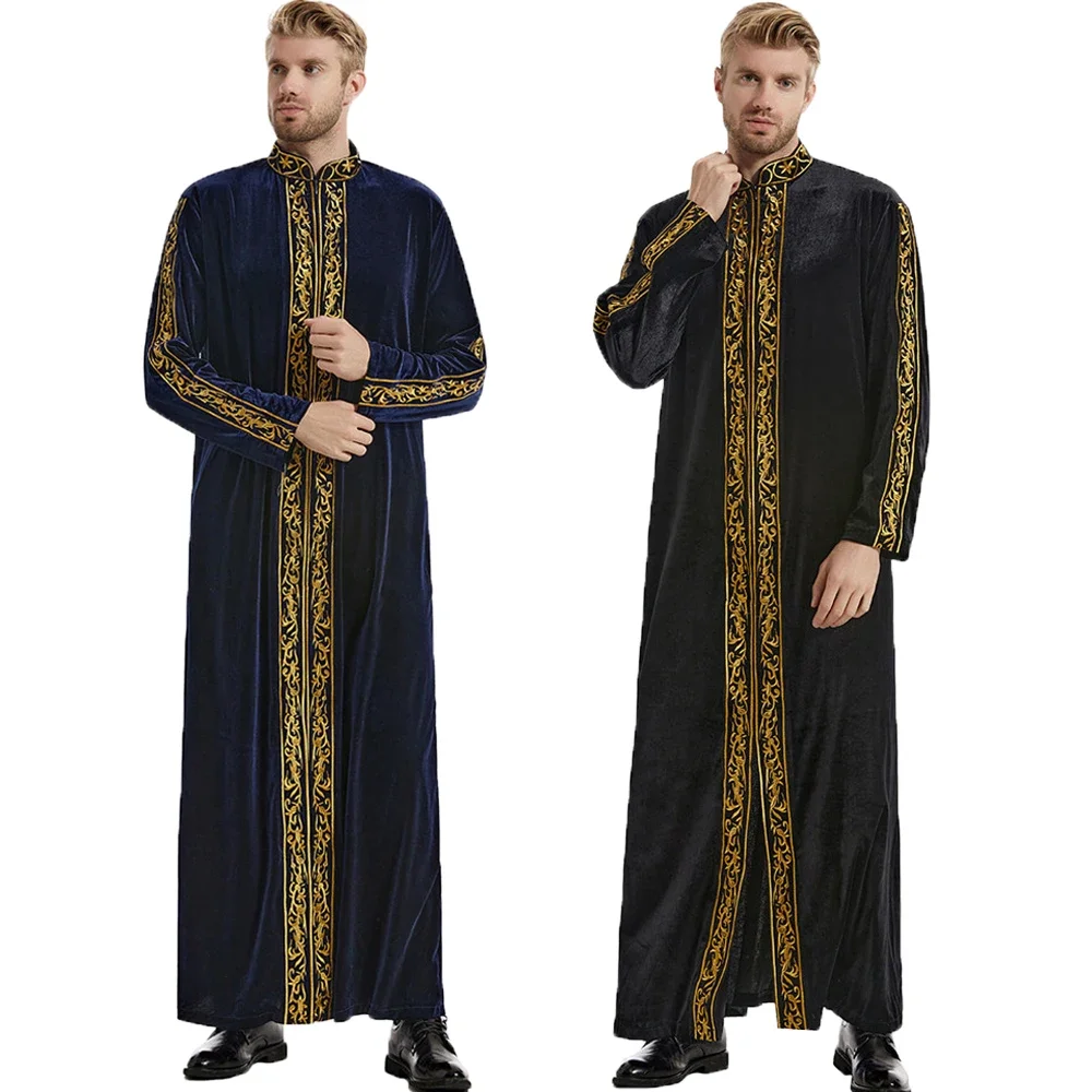 Бархатный мусульманский кафтан Jubba Thobe, мужской кафтан с длинным рукавом и вышивкой на молнии, халаты Абая, Саудовская Аравия, Дубай, кафтан, Рамадан, исламская одежда