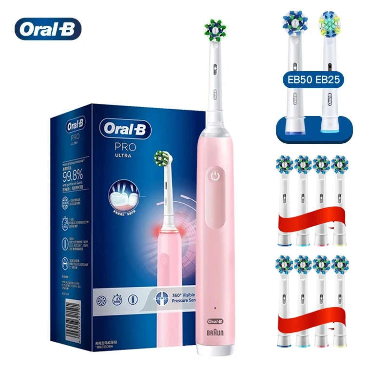 

Oral B Pro 4 Ultra Adult Electric Toothbrush Smart Pressure Sensor Rechargeable Brush With Extra 8pcs Replacement Brush Heads