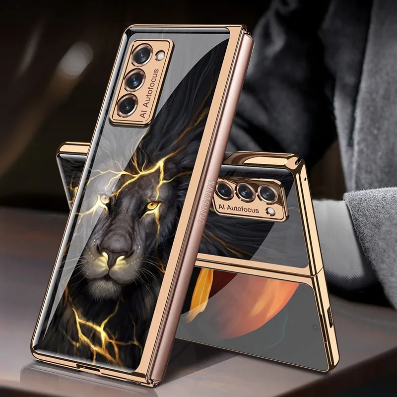 Painted Tempered Glass Case For Samsung Galaxy Z Fold 2 Luxury Plating Shockproof Hard Frame Cover For Galaxy Z Fold2 Case Funda