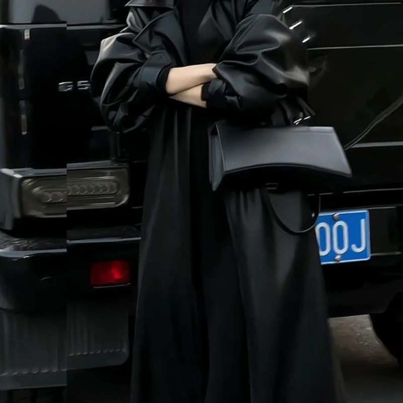 2025年秋ファッション ハイエンド 個性派 ラペル スリムフィット 膝丈 レザー ジャケット レディース