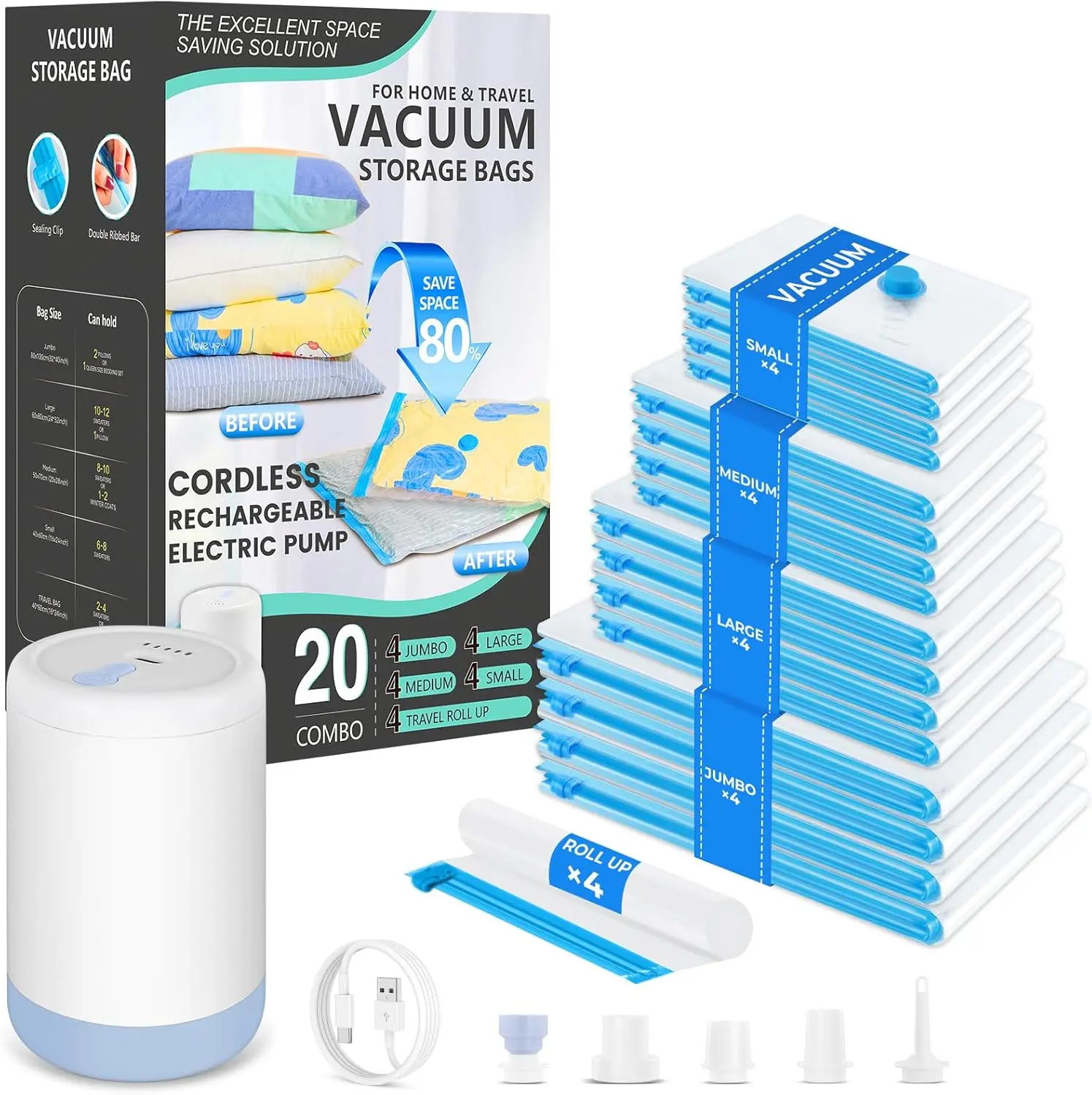 

Rechargeable Cordless Vacuum Bags 20 Pack, Compression Storage for Travel Clothes Bedding