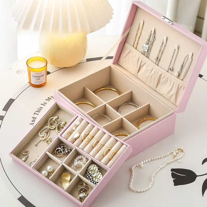 

Double Layer Large Capacity PU Leather Jewelry Box Portable Luxury Storage Case for Rings Bracelets Ornaments