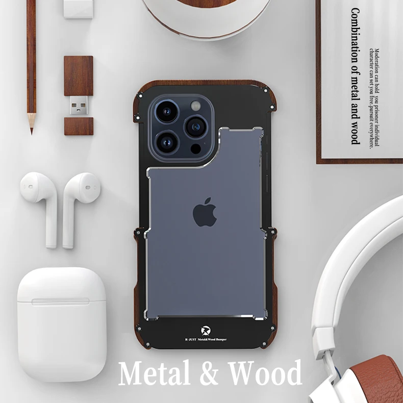 R-JUST Luxury Ironwood 1st Metal Frame Cases for iPhone 16 15 14 13 12 11 Pro Max Plus Shockproof Contrast Metal & Wood Case