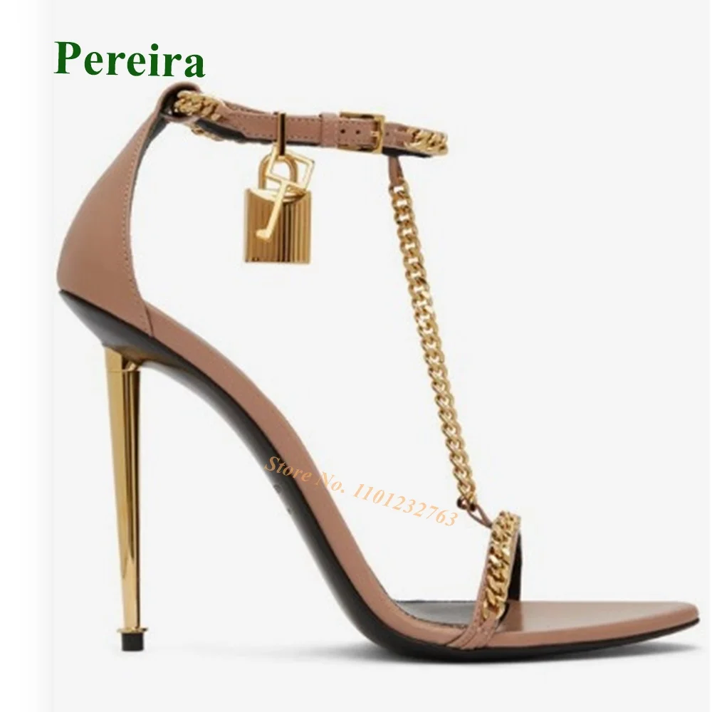 Chain Decor Metal Heels Sandals Padlock Buckle Strap Open Toe Women\'s Sandals Black Leather Luxury Elegant Party Shoes Big Size