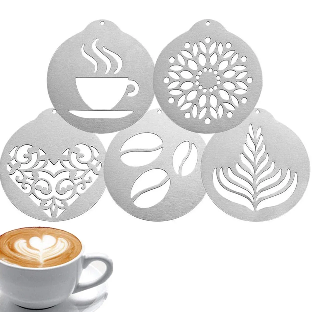 5Pcs Stainless Steel Coffee Decorating Stencils, Foam Latte Art Templates, Cappuccino Chocolate Templates Garland Mould