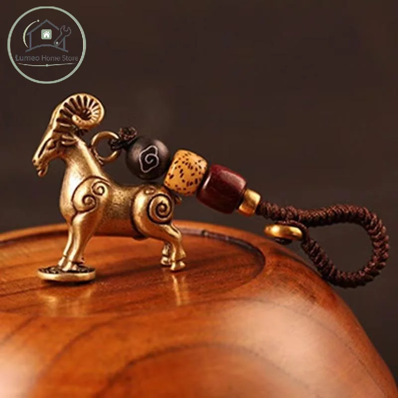 Brass Goat Keychain Antique Copper Zodiac Sheep Ornament Corrosion Resistant Metal Key Ring for Car Decor Gift