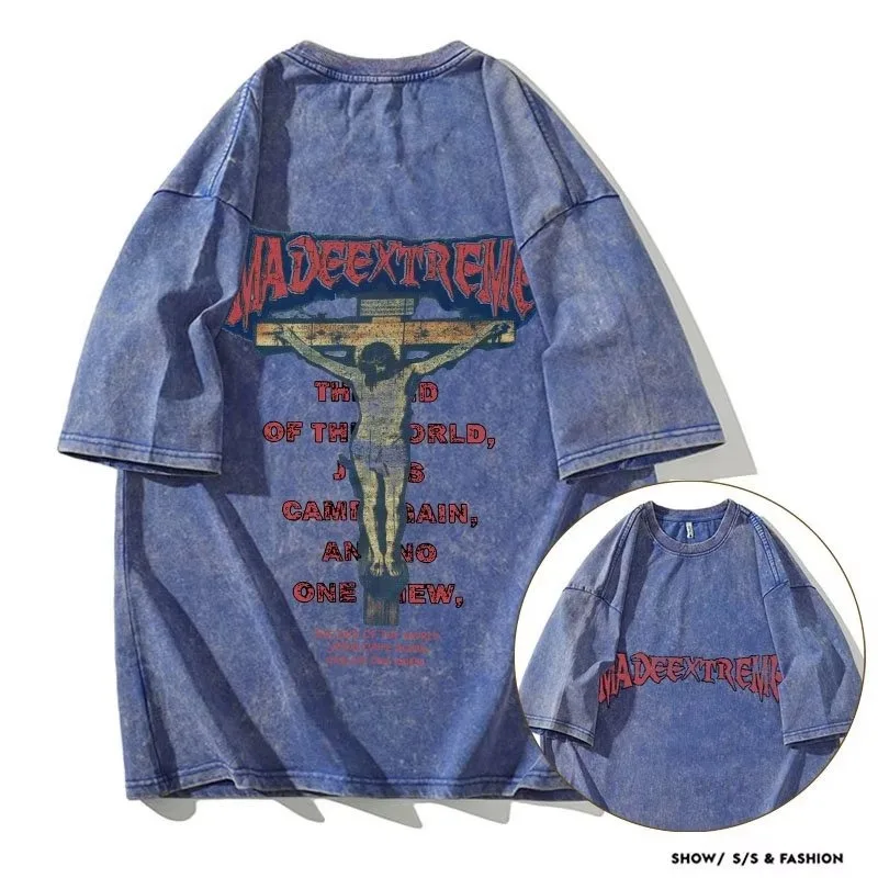 남성용 반팔 티셔츠, 힙스터 스트리트웨어, 레터 그래픽 프린트 워싱 티셔츠, 힙합 하라주쿠 오버사이즈 상의, 2024 여름