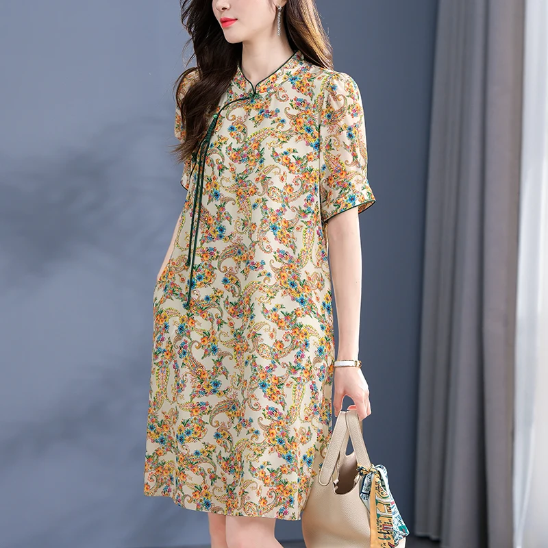 

2024 Summer Women's Floral Dress A-line Short Sleeve Elegant Dresses For Women 100% Real Silk Woman Vintage Cheongsam Dress