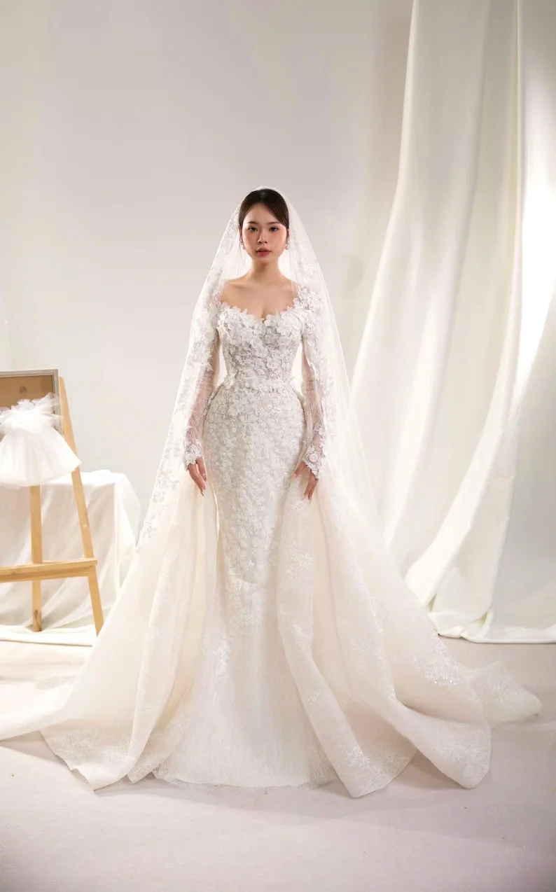 

The Latest Luxurious And Elegant 3d Floral Lace Mermaid Long Dress In 2025 Can Be Customized With Wedding Dresses In Plus Size