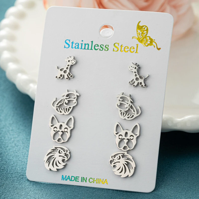 4Pairs/Lot Punk Stainless Steel Eagle Earrings Men Vintage German Shepherd Dog Ear Studs for Women Animal Piercing Jewelry 2024