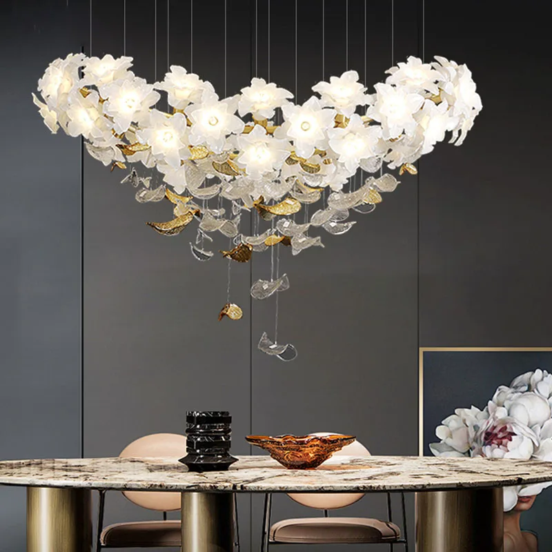 

White flower Ceiling Chandelier Light For Stairscase Living Room Modern Luxury Villa Hotel Flower Crystal Hanging Loft Chandelie