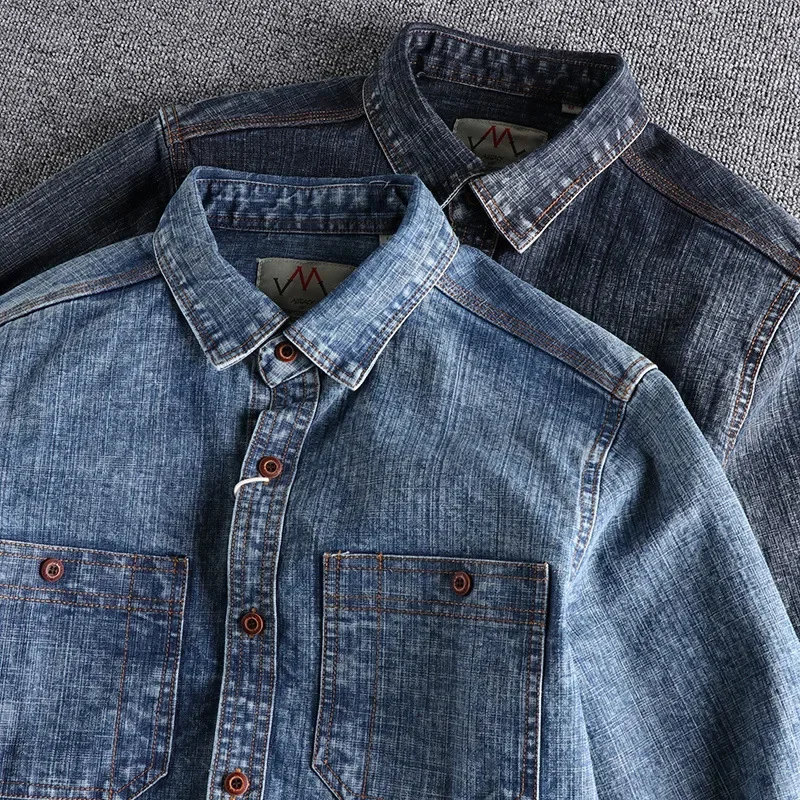 

American Retro Snowflake Washed Old Denim Shirt Men's Tooling Thick Rough Jean Shirts Tide Loose Long-sleeved Chest Pocket Shirt