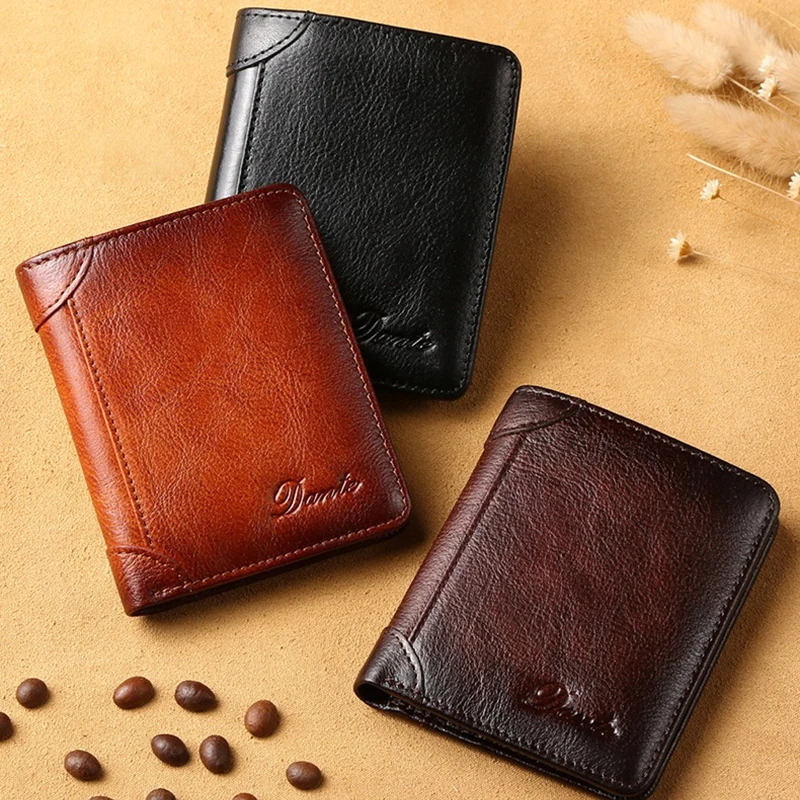 Genuine Leather Men's Wallet Two Folding Purses RFID Card Holders for Men Wallets High Quality Luxury Designer Square