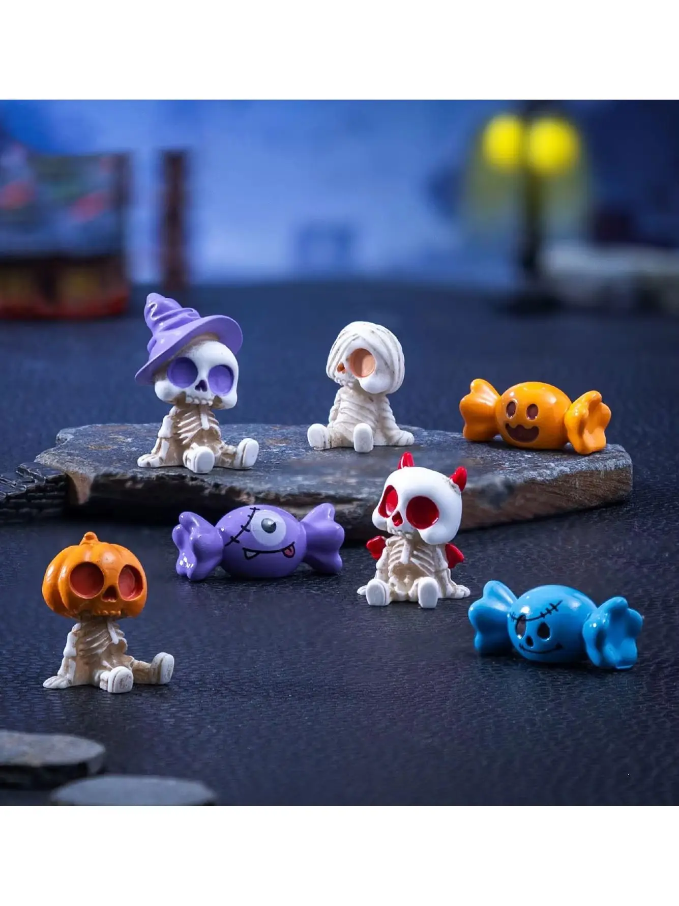 4/8-teiliges Halloween-Minifiguren-Set, Gruselige Harz-Dekorationen mit Kürbissen, Geistern und Totenköpfen für Party, Haus und Gartendekoration – Detail 1
