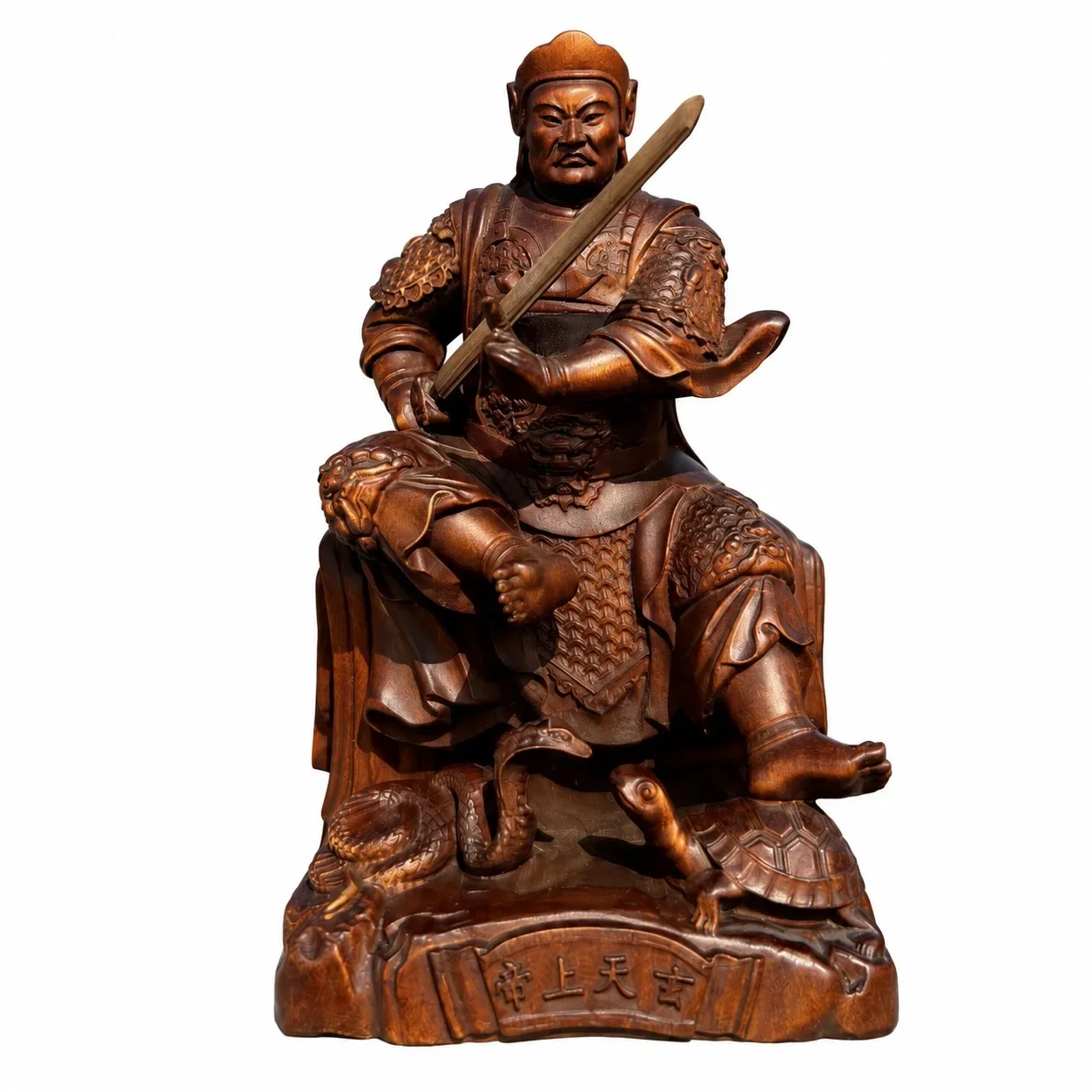Hand Carved Small Leaf Boxwood Zhenwu Emperor Statue Traditional Chinese Taoist Figurine for Home Living Room Desk Decor