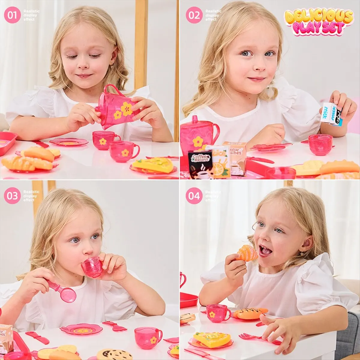 goodidea 33pcs Play House Kitchen Toy Set Children Tea Party Play Set for Kids, Role Playing Toy with Dessert and Tableware Pink