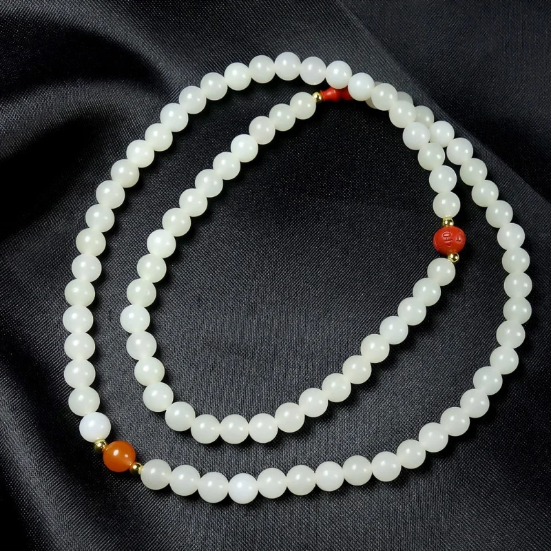 Natural Hetian White Jade Round Bead Three-Strand Bracelet with Gourd and Red Beads