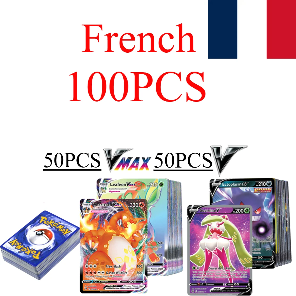 Cartões pokémon inglês/espanhol/francês, 50-100 peças, vstar v gx mega tag team ex, cartão de batalha, venda quente, cartão de jogo de mesa, presente