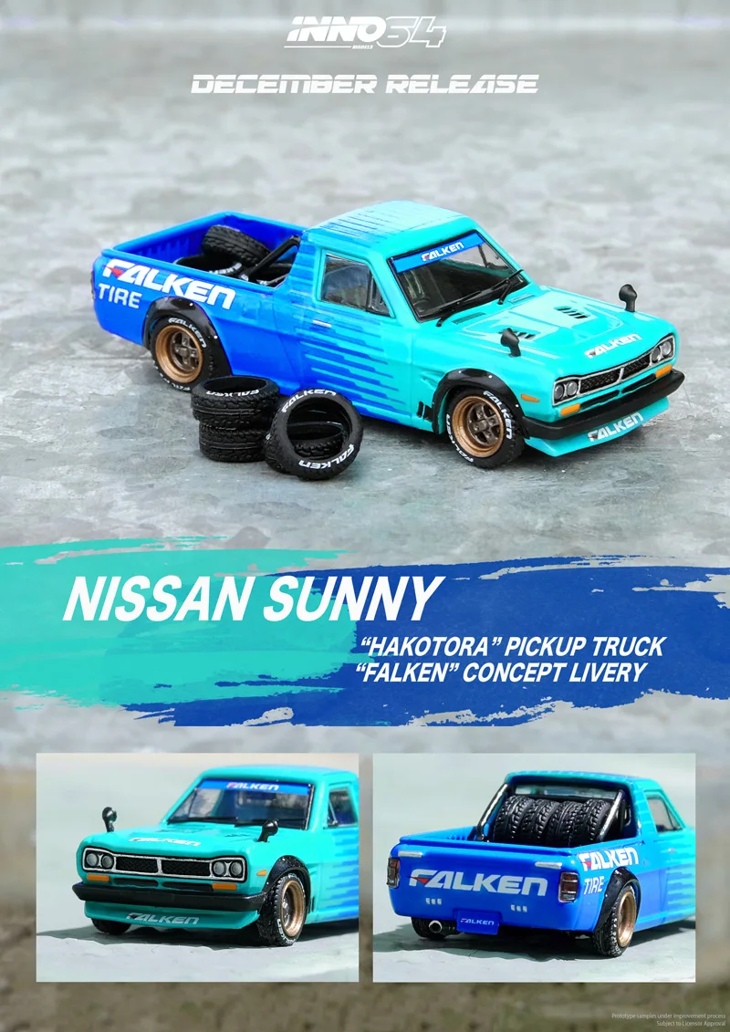 INNO 1:64 Nissan sunny hakotora pickup truck Falken coating Collection of die-cast alloy car decoration model toys