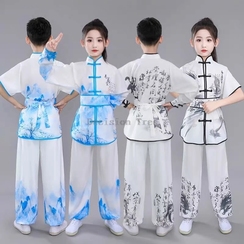 

2025 chinese characteristic printed wushu set adolescent training kung fu comprtition costume children daily martial art suit