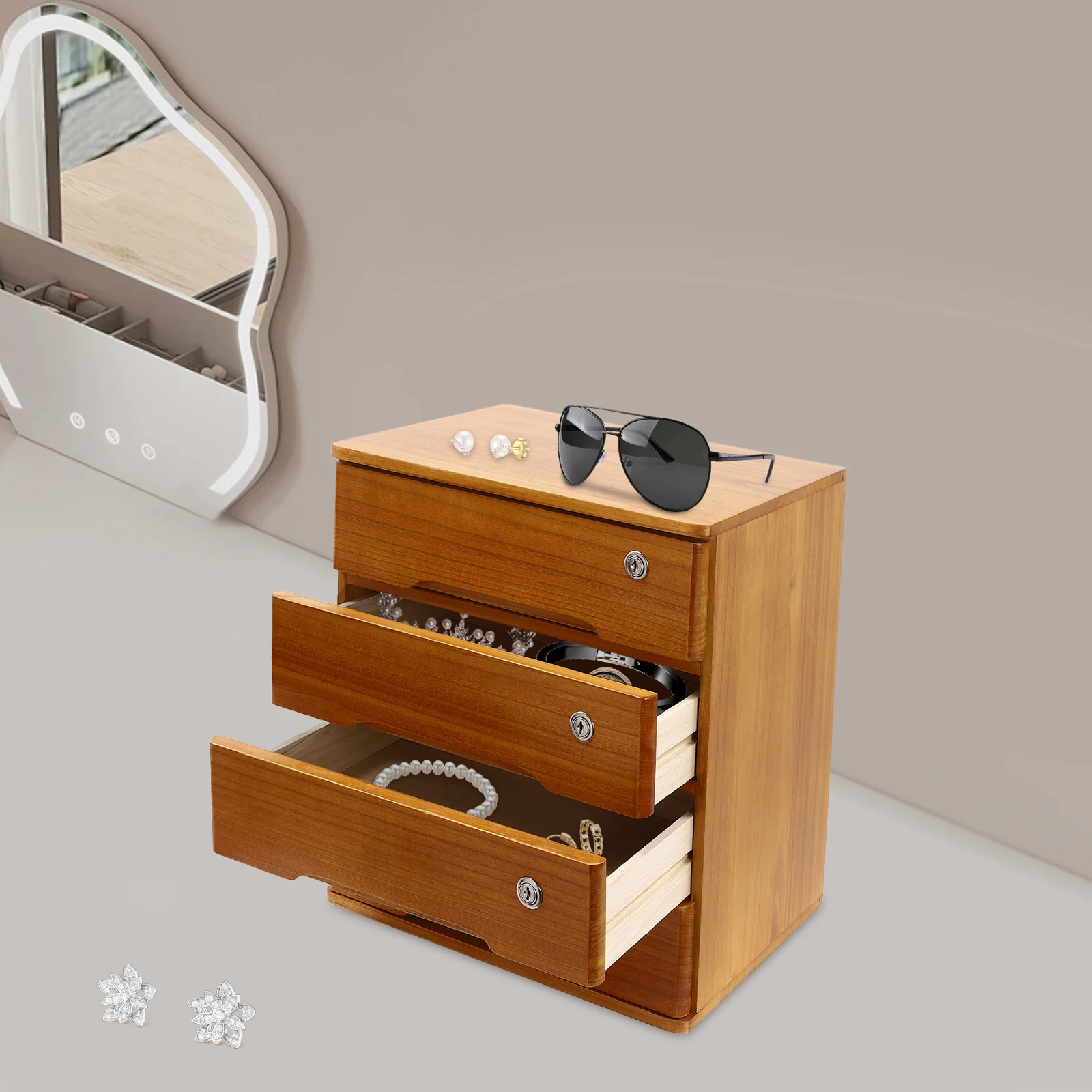 

4-Layer Locked Cabinet - Wood Yellow For Home Living Room To Store