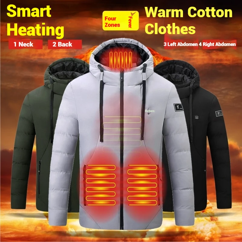 

2025 Winter Mens Electric Heating Cotton Jacket USB Charging Hooded Windproof Cold Proof Warm Outdoor Sports Coat Parka