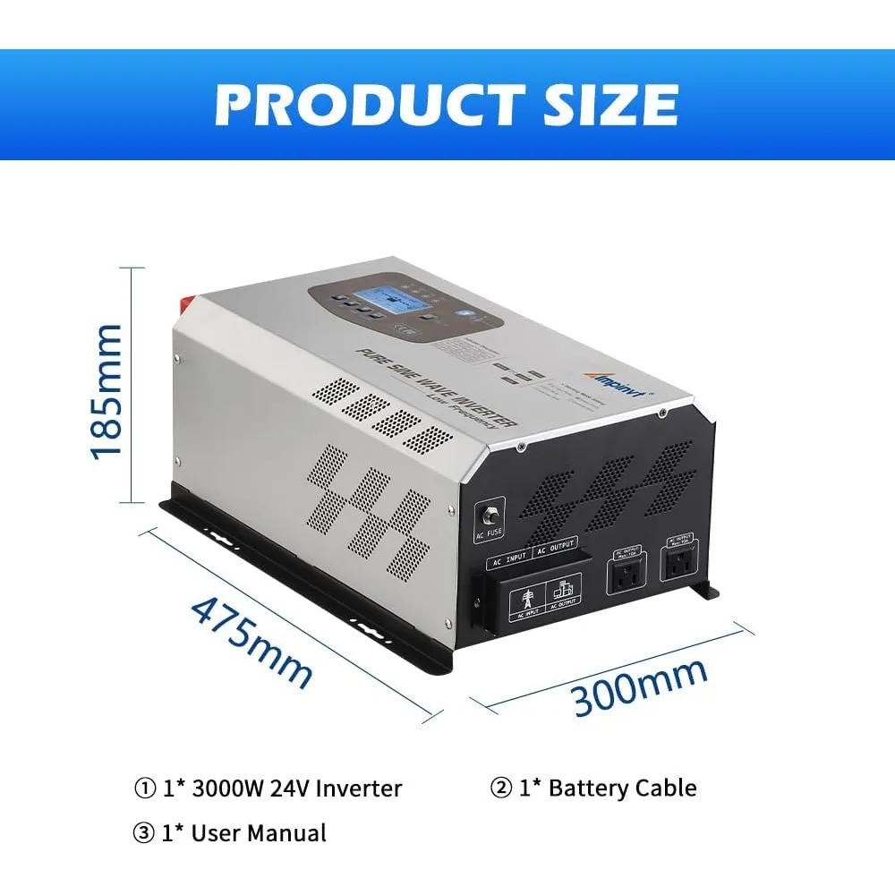 Ampinvt 3000 W Peak 9000 W reiner Sinus-Wechselrichter, DC 24 V bis 120 V AC-Ausgang mit Batterie-AC-Ladegerät