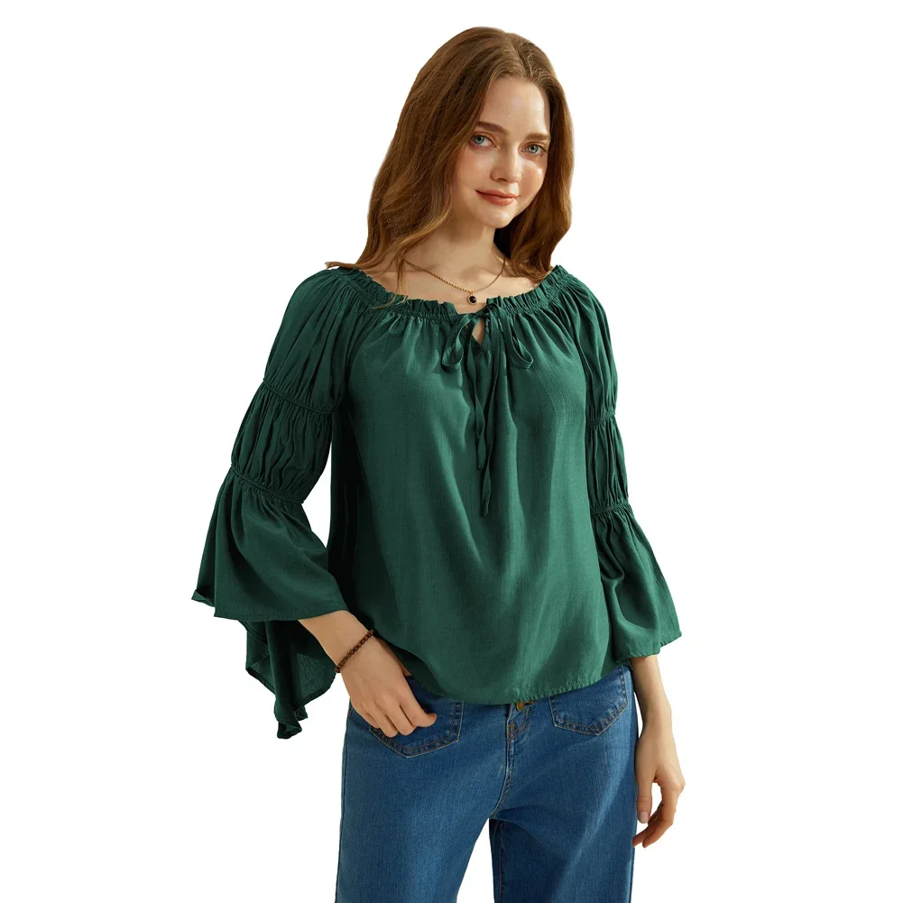 SD Women Blouse Vintage Renaissance Off Shoulder Tops Solid Color Fashion Long Virago Sleeve Straight Tops Blusa Feminina