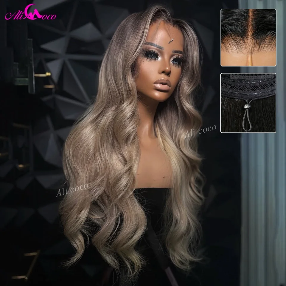 New Upgrade 200 Density HD Lace Front Drawstring Wigs Human Hair Glueless Ombre Gray Ash Blonde  Body Wave for Women with Tape