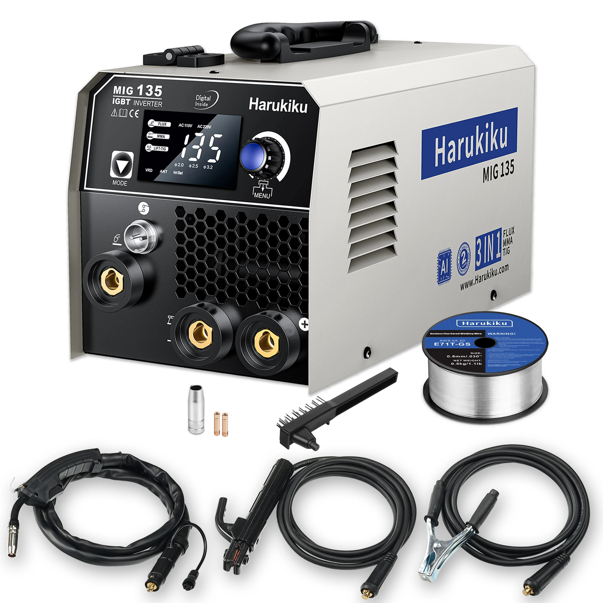 Harukiku MIG135 3-in-1 Welding Machine: 110V Single Voltage, 130A Flux-Cored Self-Shielded Gasless Welding, Smart AI-Assisted Welding, Flux MIG/Lift TIG/MMA Multifunctional, Easy-to-Use Welding Equipment for Home Use and Beginners
