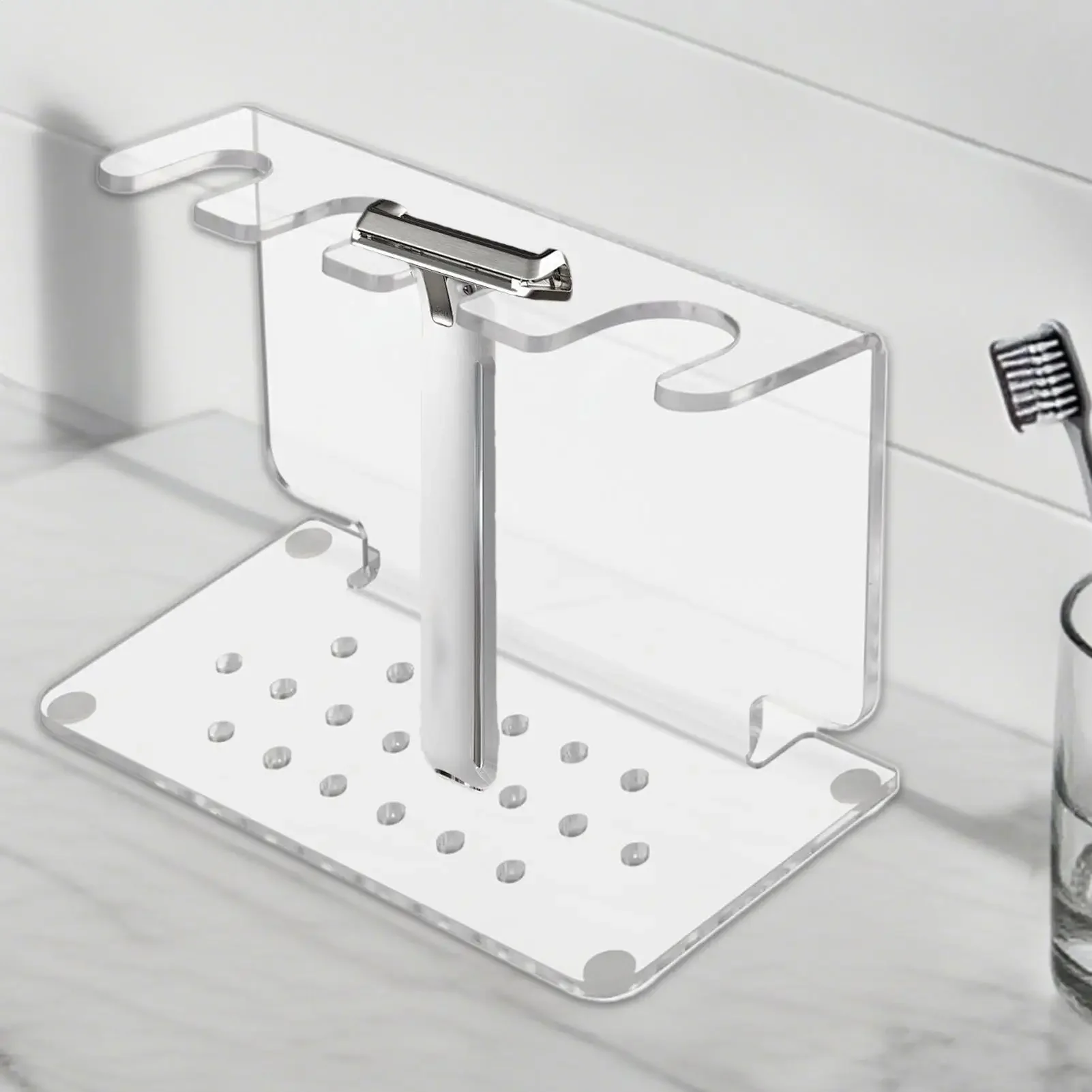 Acrylic Razor Holder And Shaving Brush Holder Safety Razor Holder Can Hold 3 Razors And 1 Shaving Brush For Bathroom Storage