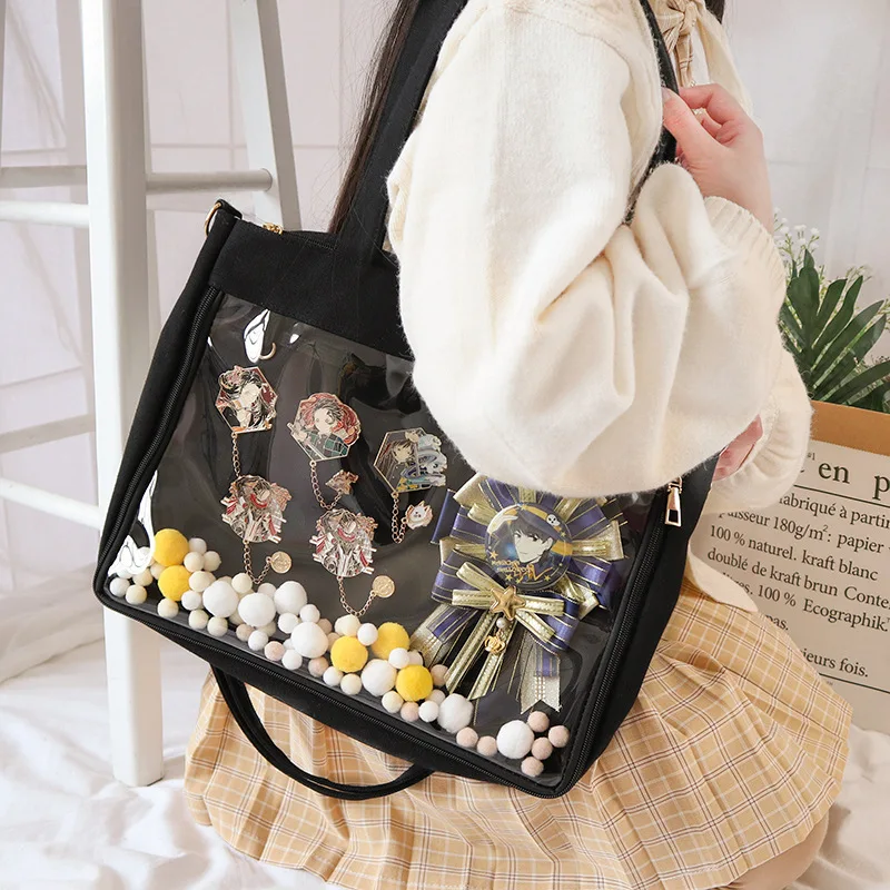 

CGCBAG Lage Capacity Ita Bag Transparent Pocket Japanese Cute Anime Shoulder Bag Lolita Girl Y2K Detachable Canvas Cross Ita Bag