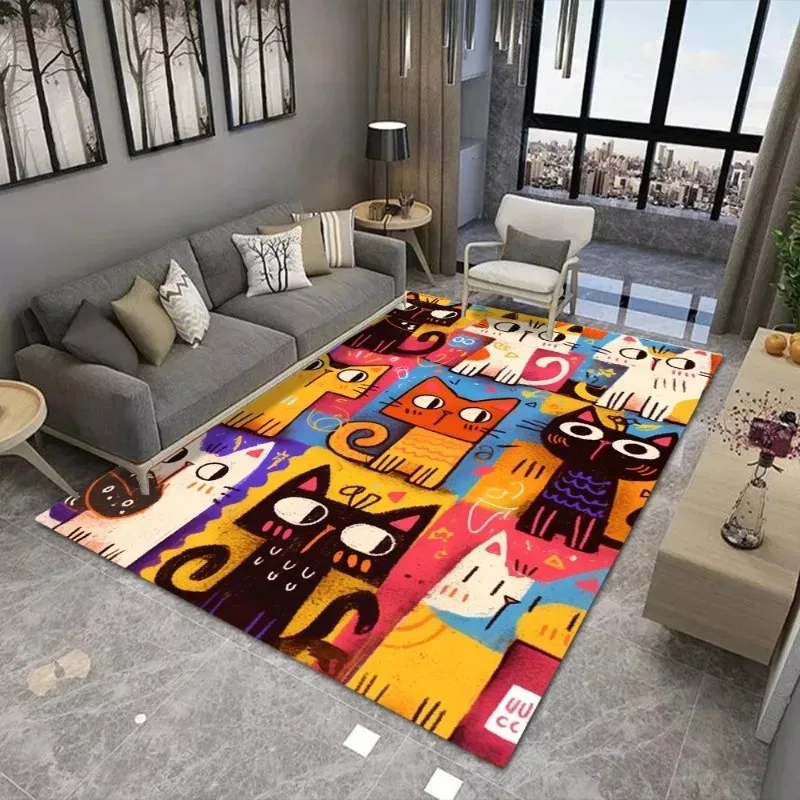 Painting Style Kitten Carpet Large Area Rug Suitable for Living Room and Bedroom Mats Anti Slip and Wear-resistant Soft Rug